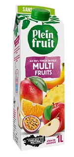 Jus multifruits 100 % teneur en fruits. Brique d'un litre. Plein Fruit.