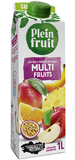 Brique d'un litre de jus multifruits : pomme 72%, orange 8%, ananas, fruits de la passion, mangue, banane et abricot