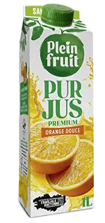 Jus d'orange douce pur fruit pressé Plein Fruit, brique d'un litre