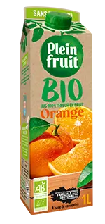 Plein Fruit jus d'orange bio, 100% fruit pressé. Brique d'un litre